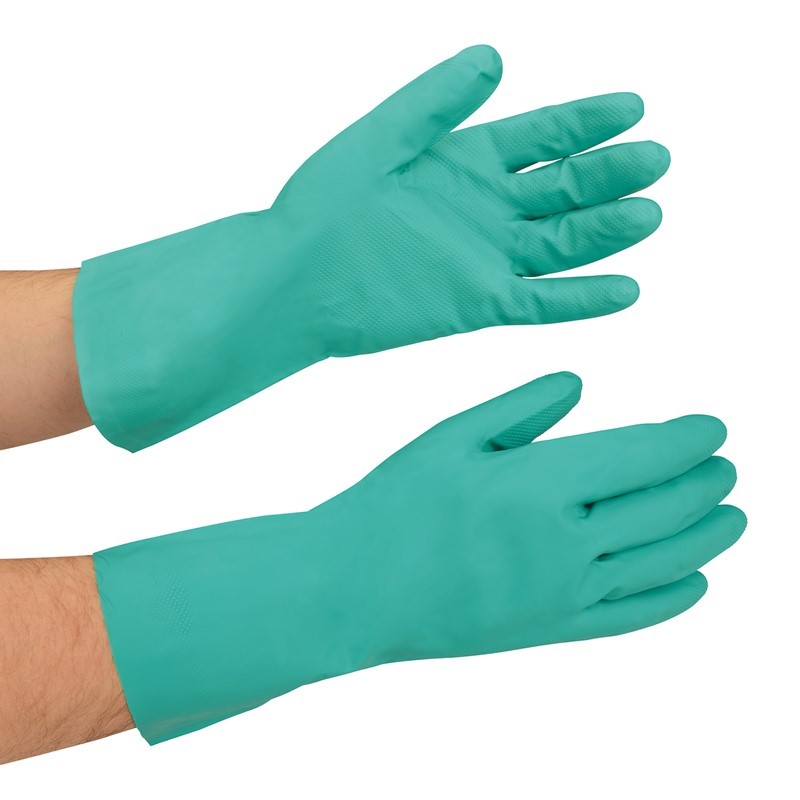 An image of reusable liquid proof gloves on a person's hands